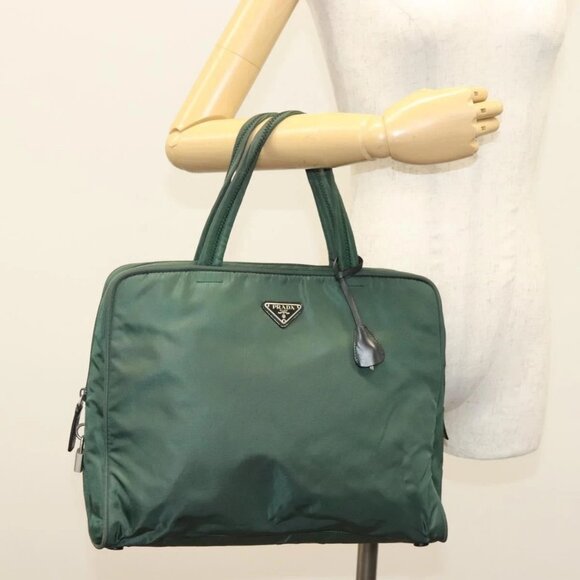 PRADA Hand Bag Nylon Khaki Silver Auth - Picture 1 of 16